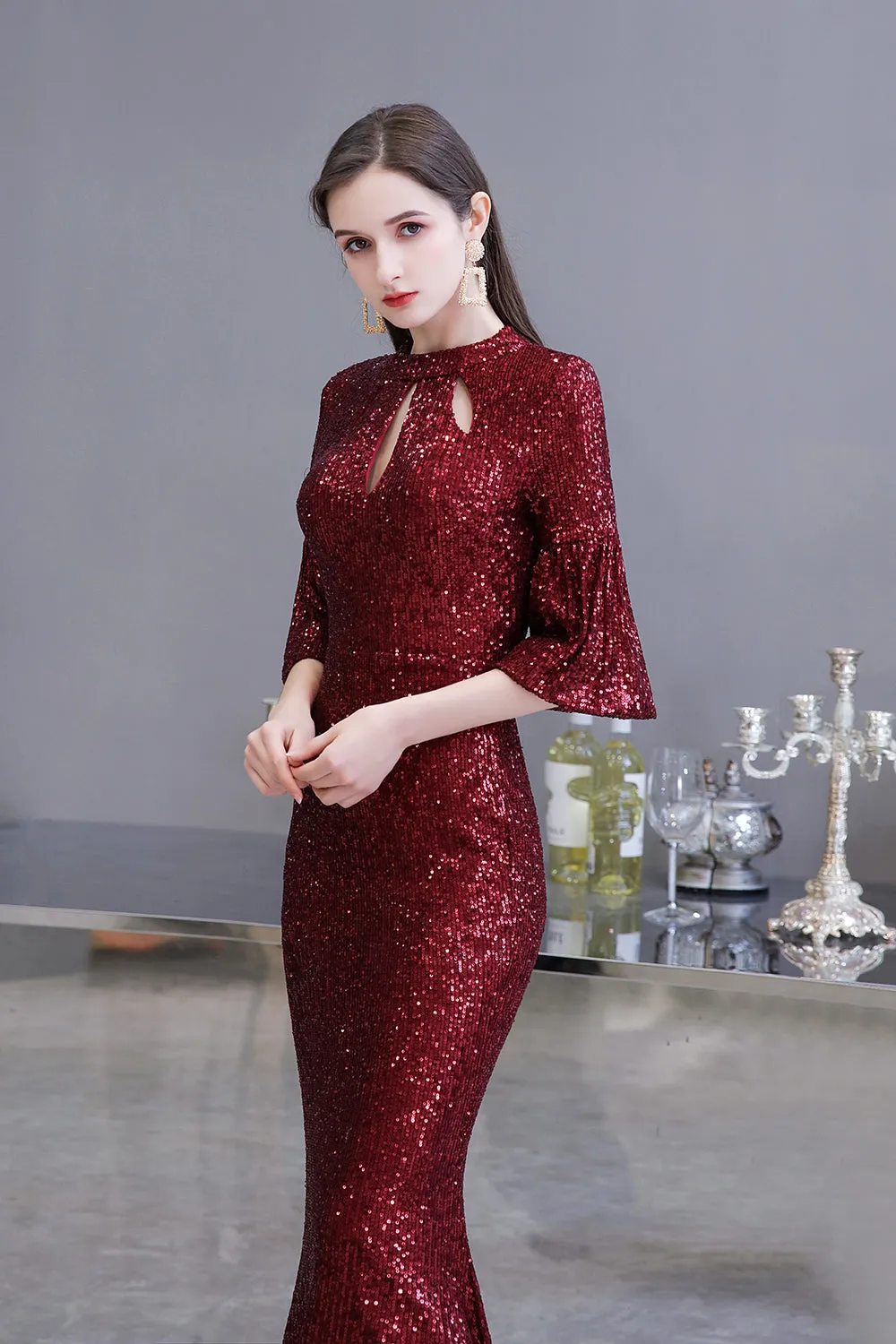 Burgundy Short Sleeve Sequins Long Prom Dress