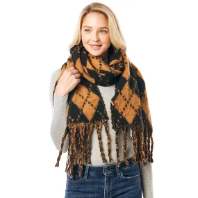 Camel and Black Argyle Fringed Blanket Scarf