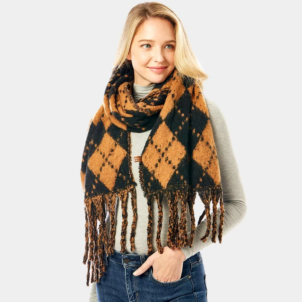 Camel and Black Argyle Fringed Blanket Scarf