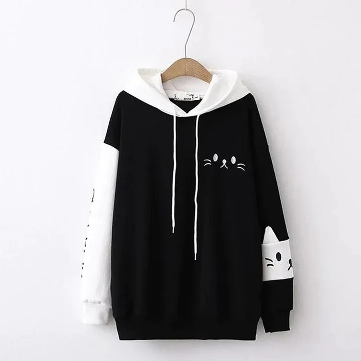 Cartoon Kitty Face Letter Print Hoodie