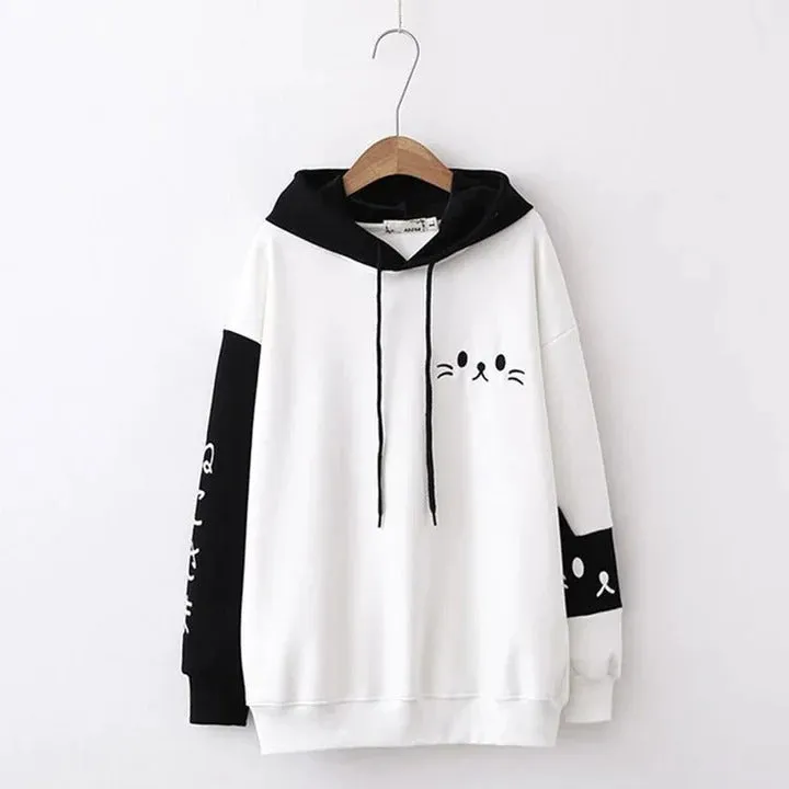 Cartoon Kitty Face Letter Print Hoodie