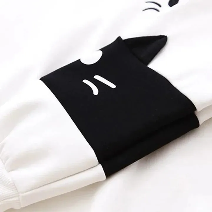 Cartoon Kitty Face Letter Print Hoodie