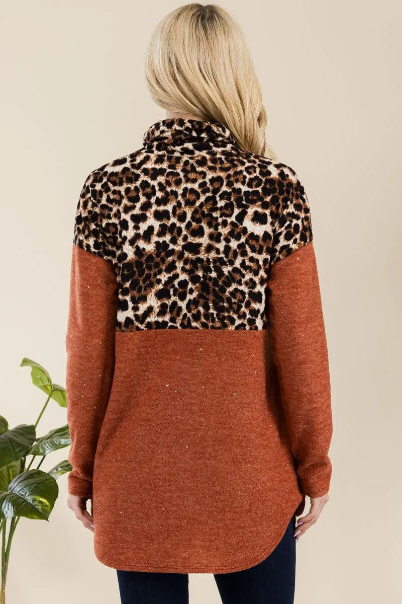 Celeste Rust Curved Hem Leopard Turtleneck Long Sleeve Blouse