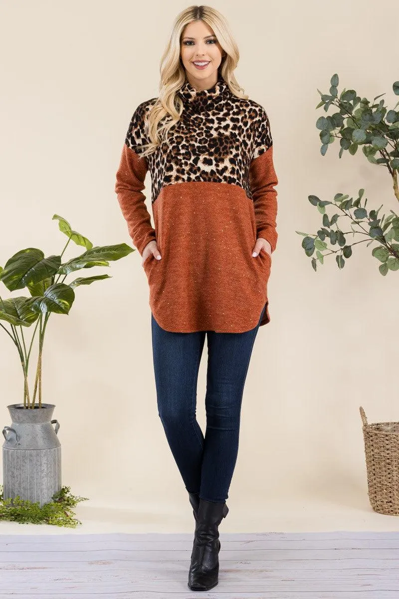 Celeste Rust Curved Hem Leopard Turtleneck Long Sleeve Blouse