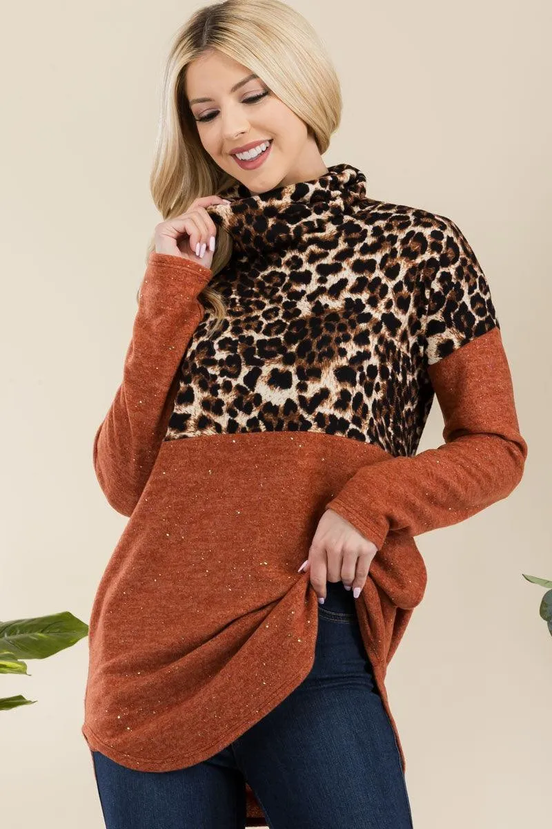 Celeste Rust Curved Hem Leopard Turtleneck Long Sleeve Blouse