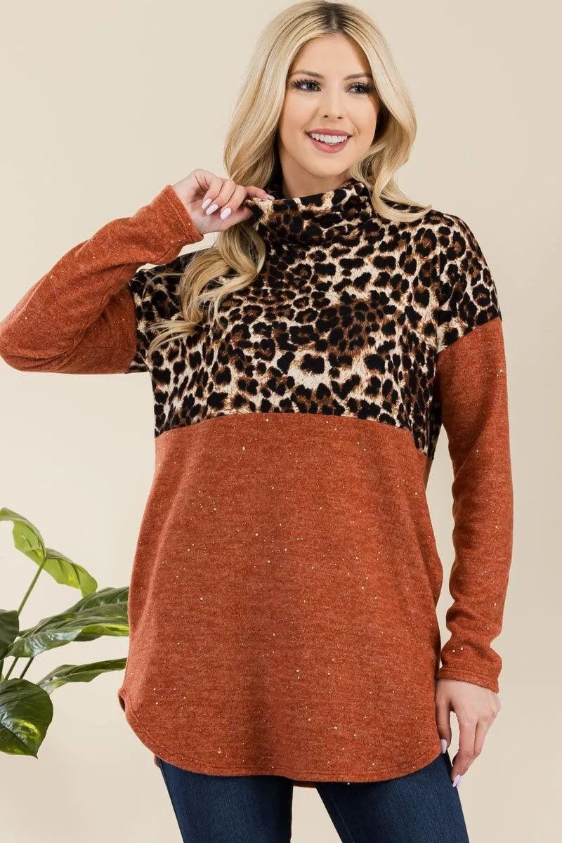 Celeste Rust Curved Hem Leopard Turtleneck Long Sleeve Blouse