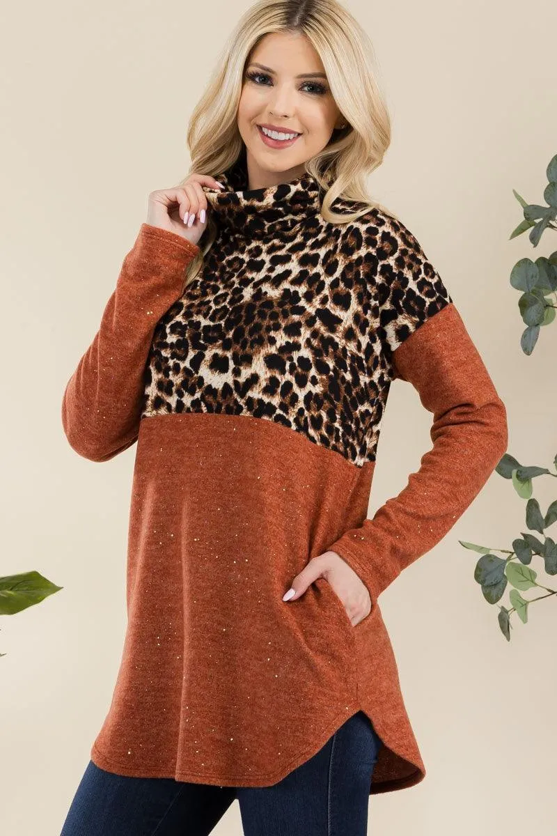 Celeste Rust Curved Hem Leopard Turtleneck Long Sleeve Blouse