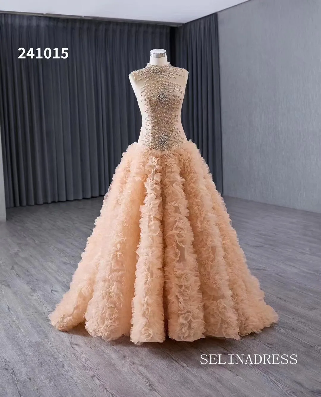 Champagne Beaded  Wedding Dress Ruffled High Neck Quinceanera Dress 241015