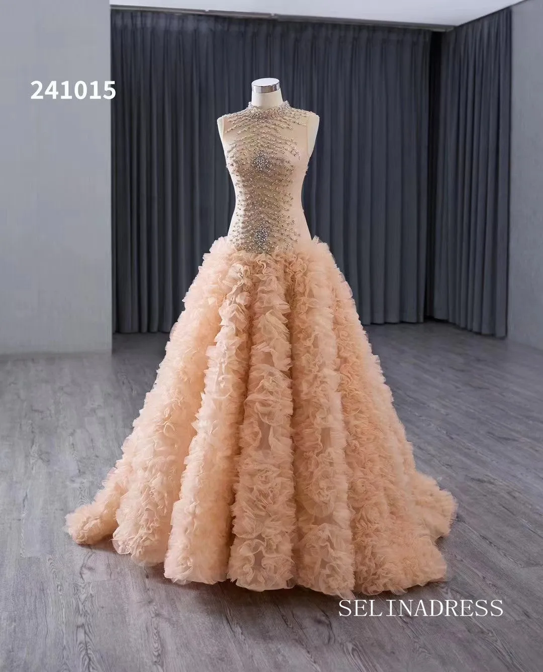 Champagne Beaded  Wedding Dress Ruffled High Neck Quinceanera Dress 241015