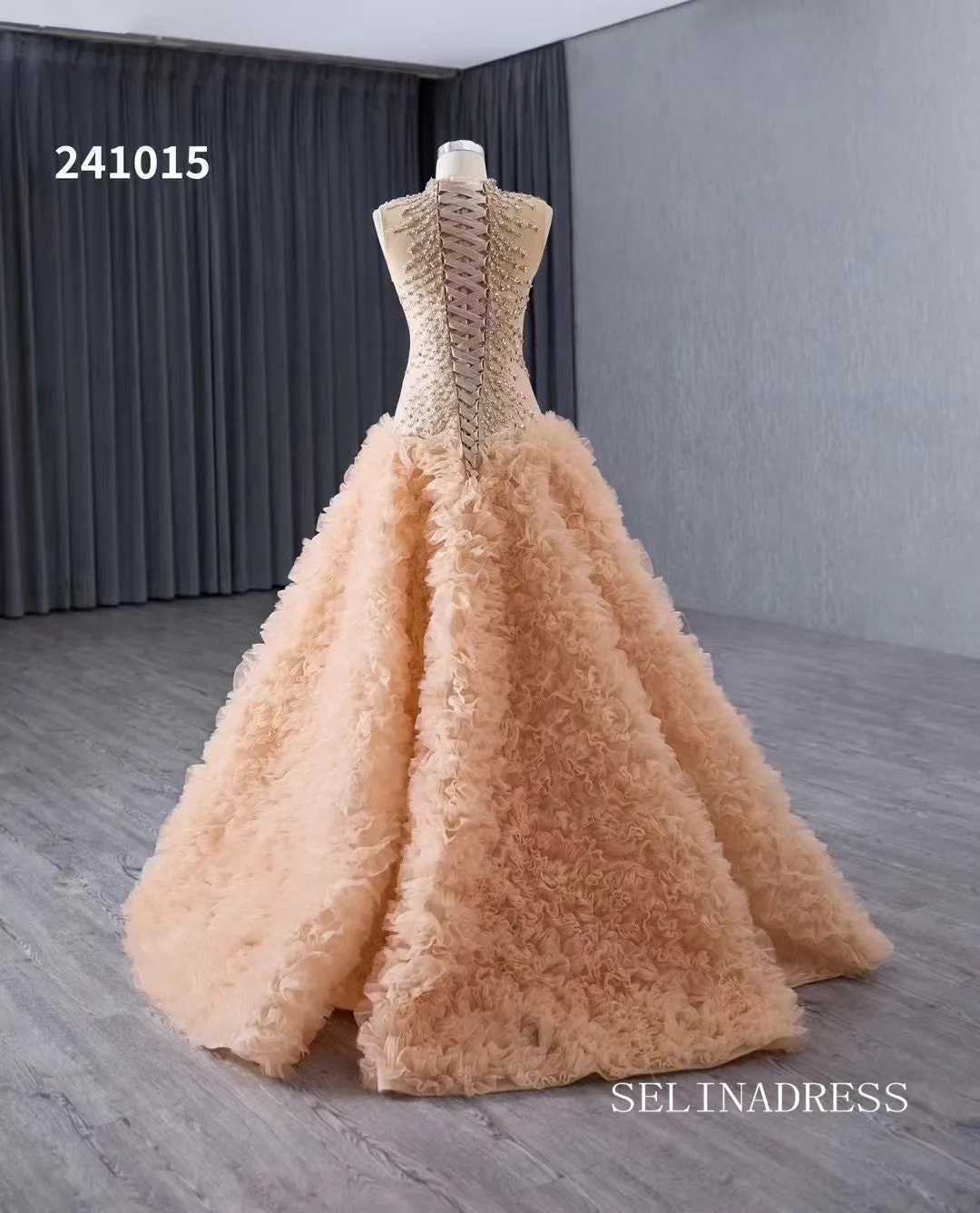 Champagne Beaded  Wedding Dress Ruffled High Neck Quinceanera Dress 241015