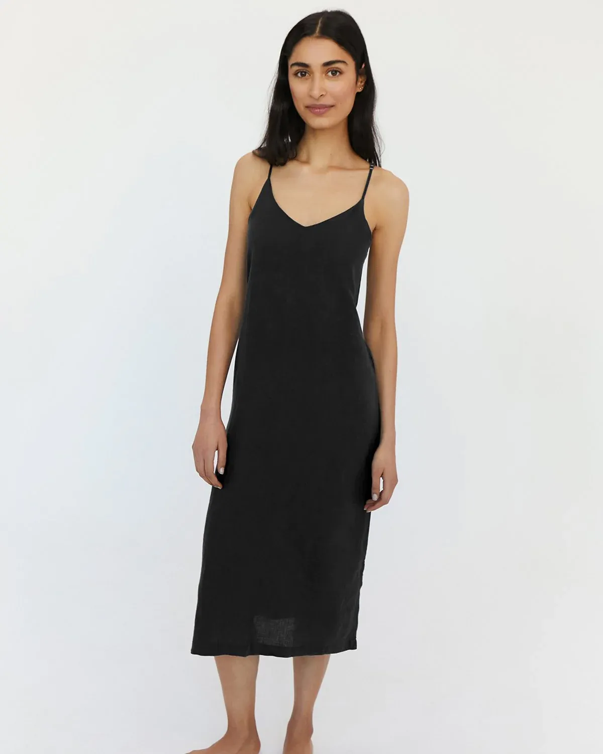 Charcoal 100% French Flax Linen Midi Dress