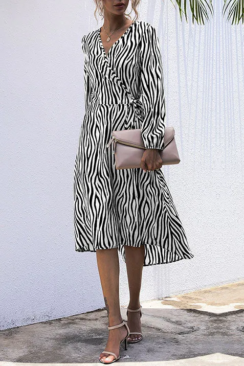 Chic Zebra Pattern Long Sleeve A-Line Dress