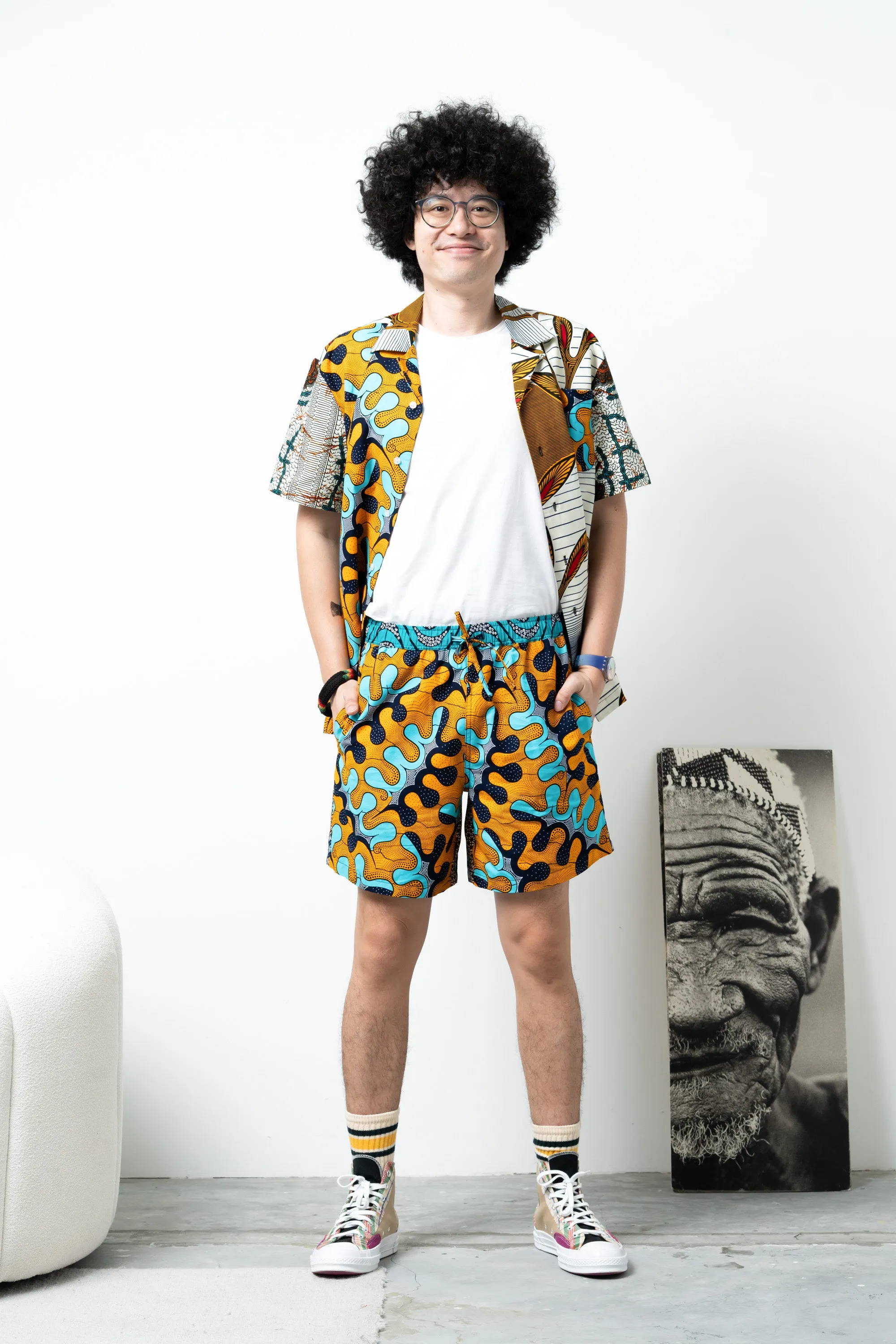 Chinny Shorts - Mix Match Awoluba Cyan Yellow and Blue African Ankara Wax Cotton Print