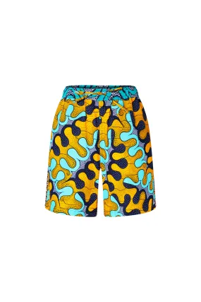 Chinny Shorts - Mix Match Awoluba Cyan Yellow and Blue African Ankara Wax Cotton Print