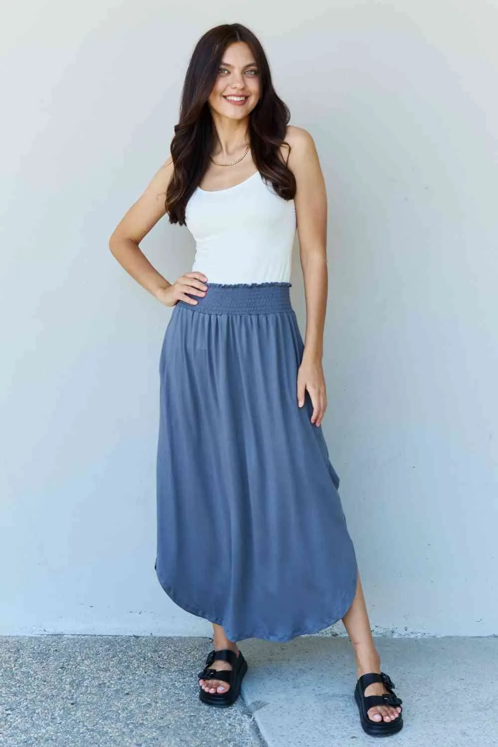 Comfort Princess Full Size High Waist Scoop Hem Maxi Skirt in Dusty Blue