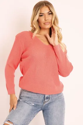 Coral Plunge Neck Knit Jumper - Halie