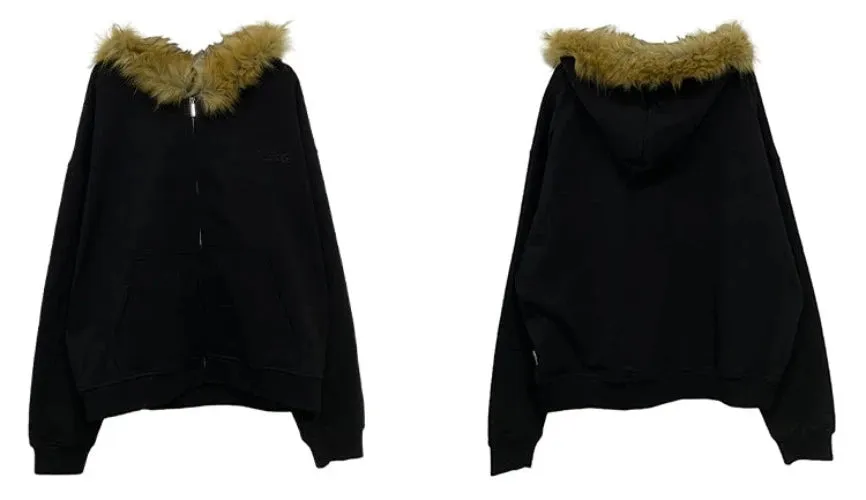 Cozy Luxe Oversized Fur Neck Zipper Hoodie Jacket