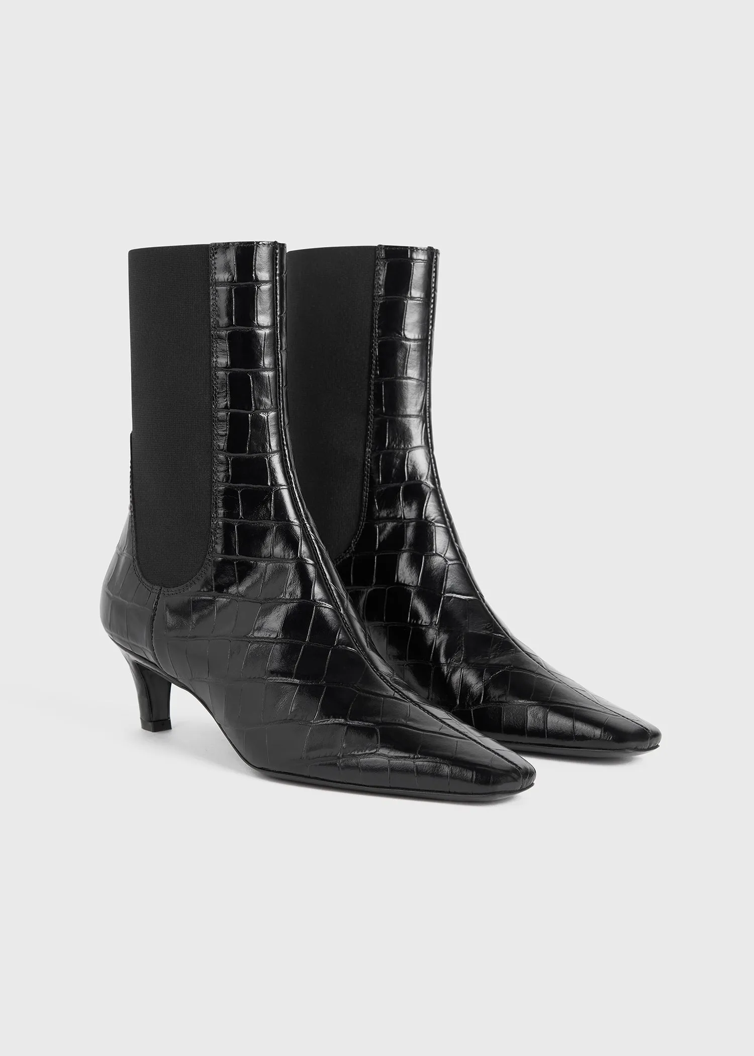 Croco-embossed mid-heel boots black