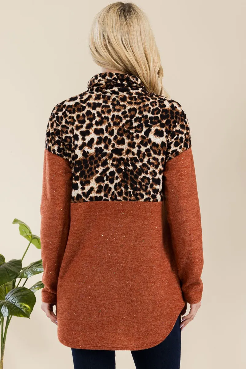 Curved Hem Leopard Turtleneck Long Sleeve Blouse