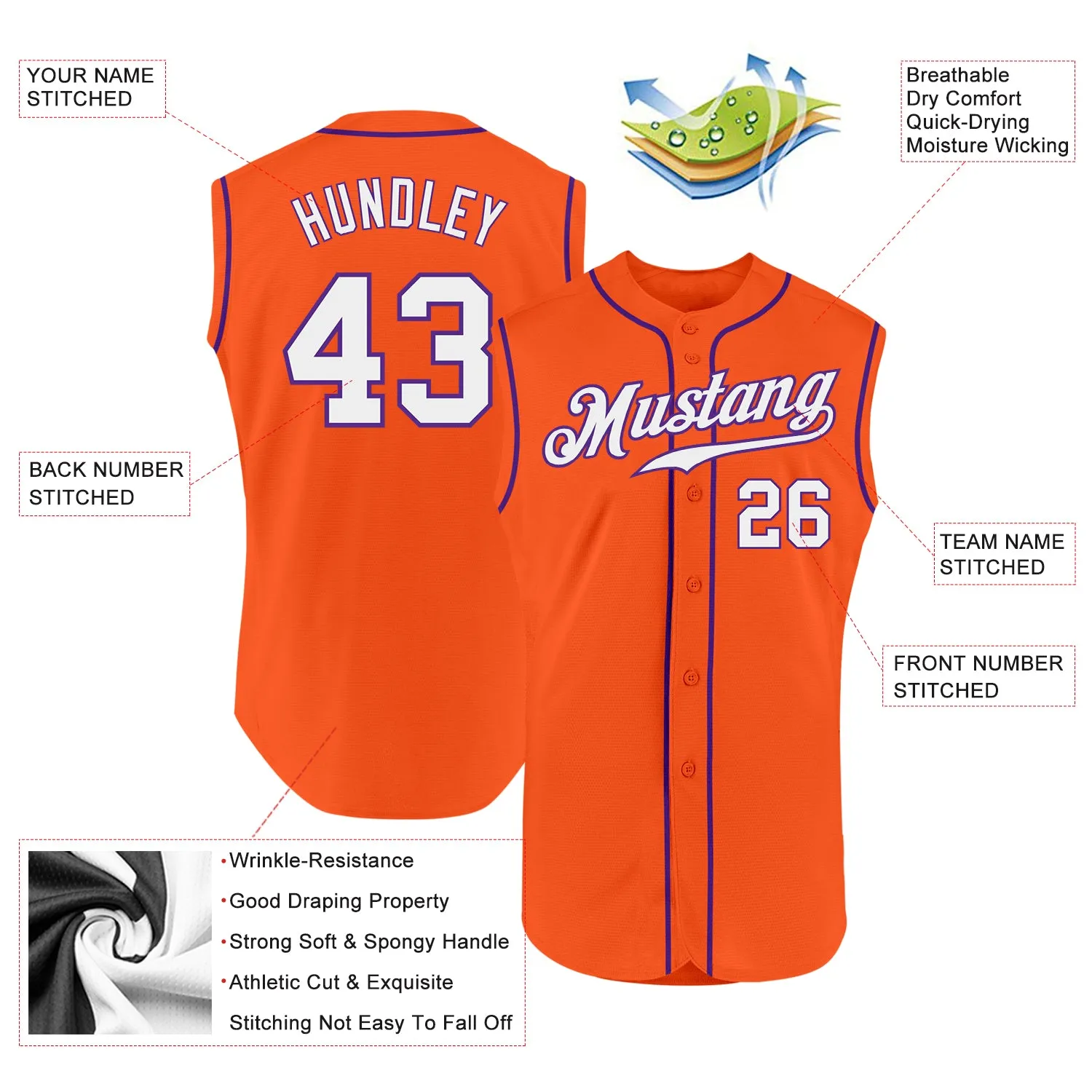 Custom Orange White-Purple Authentic Sleeveless Baseball Jersey