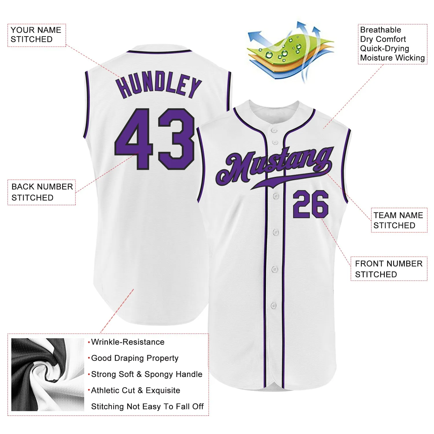 Custom White Purple-Black Authentic Sleeveless Baseball Jersey