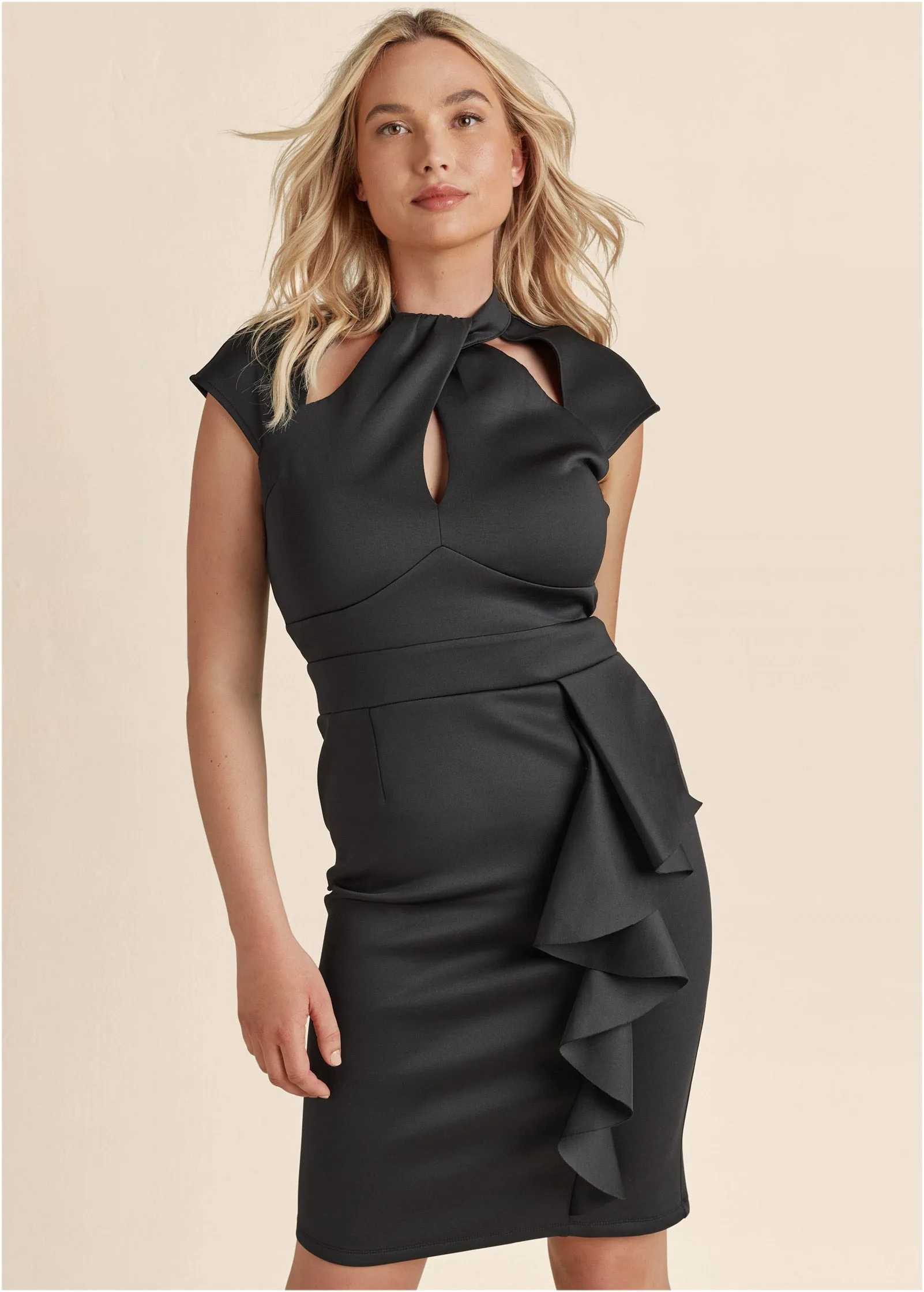 Cutout Ruffle Midi Dress - Black