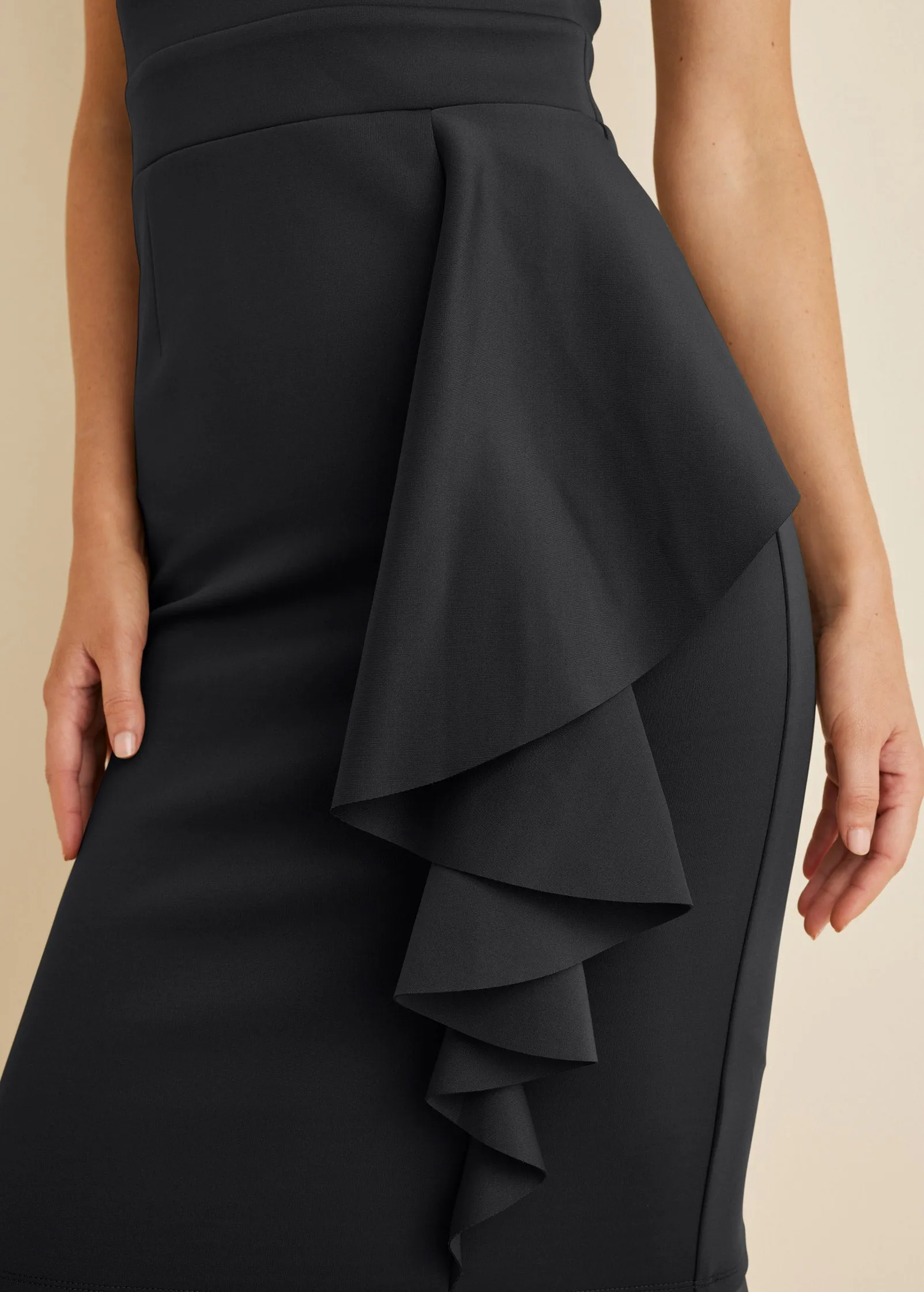 Cutout Ruffle Midi Dress - Black