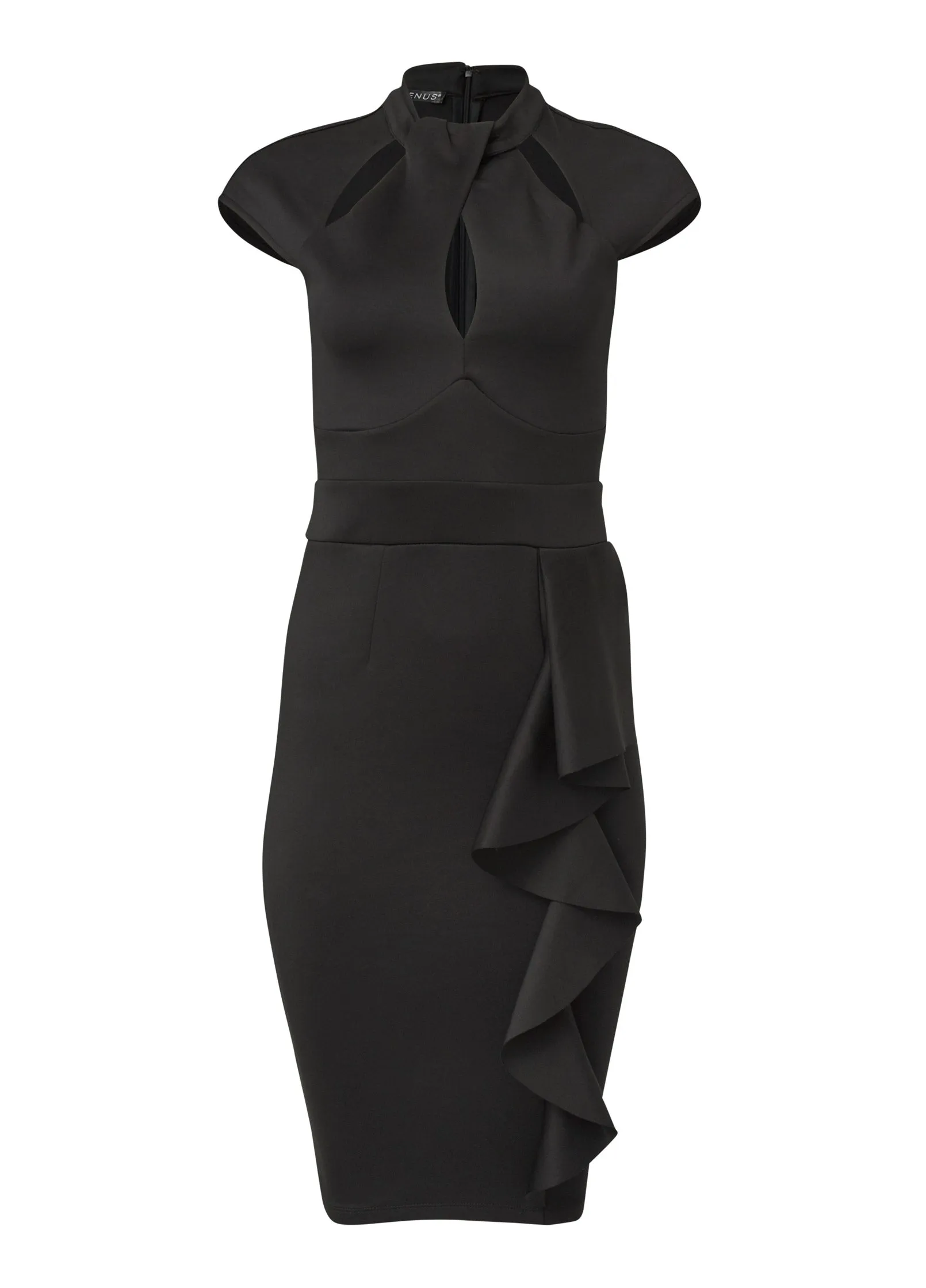 Cutout Ruffle Midi Dress - Black