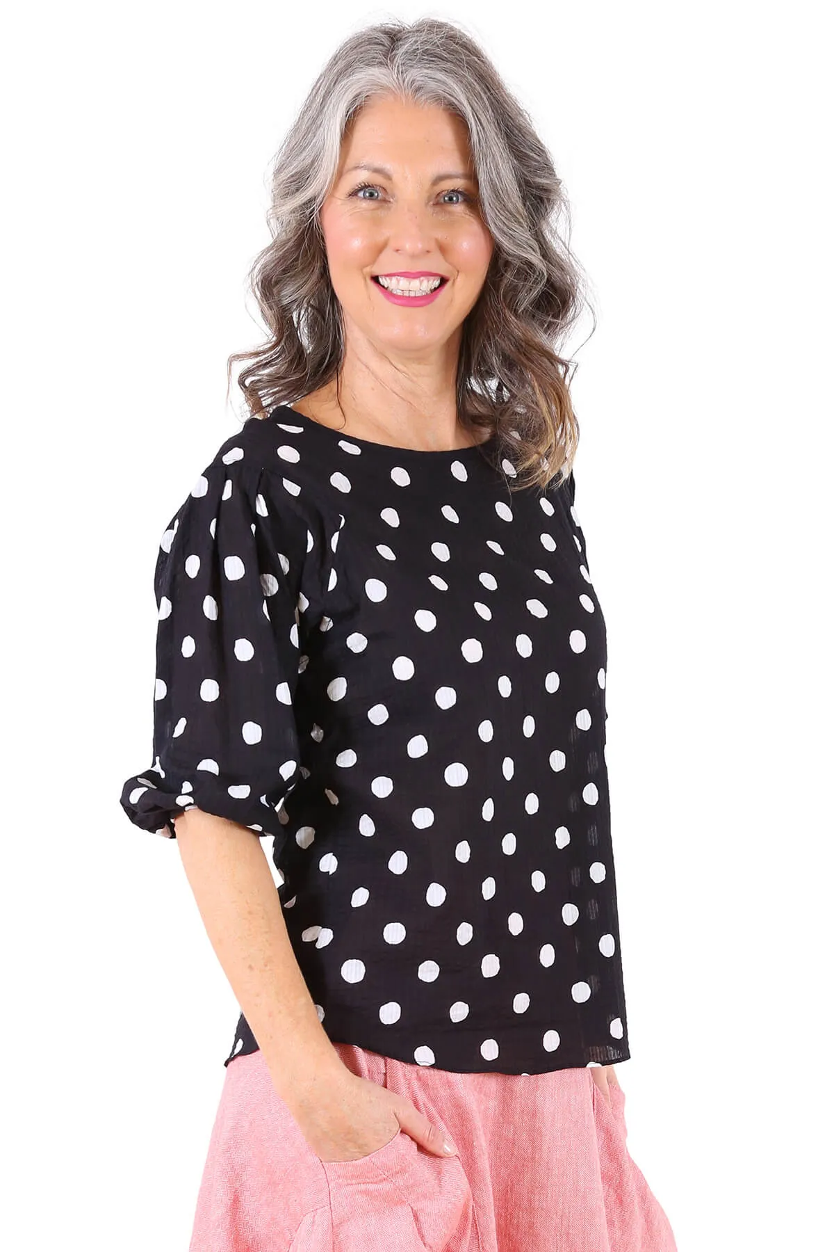 Cyan Spot Blouse Black in Seersucker