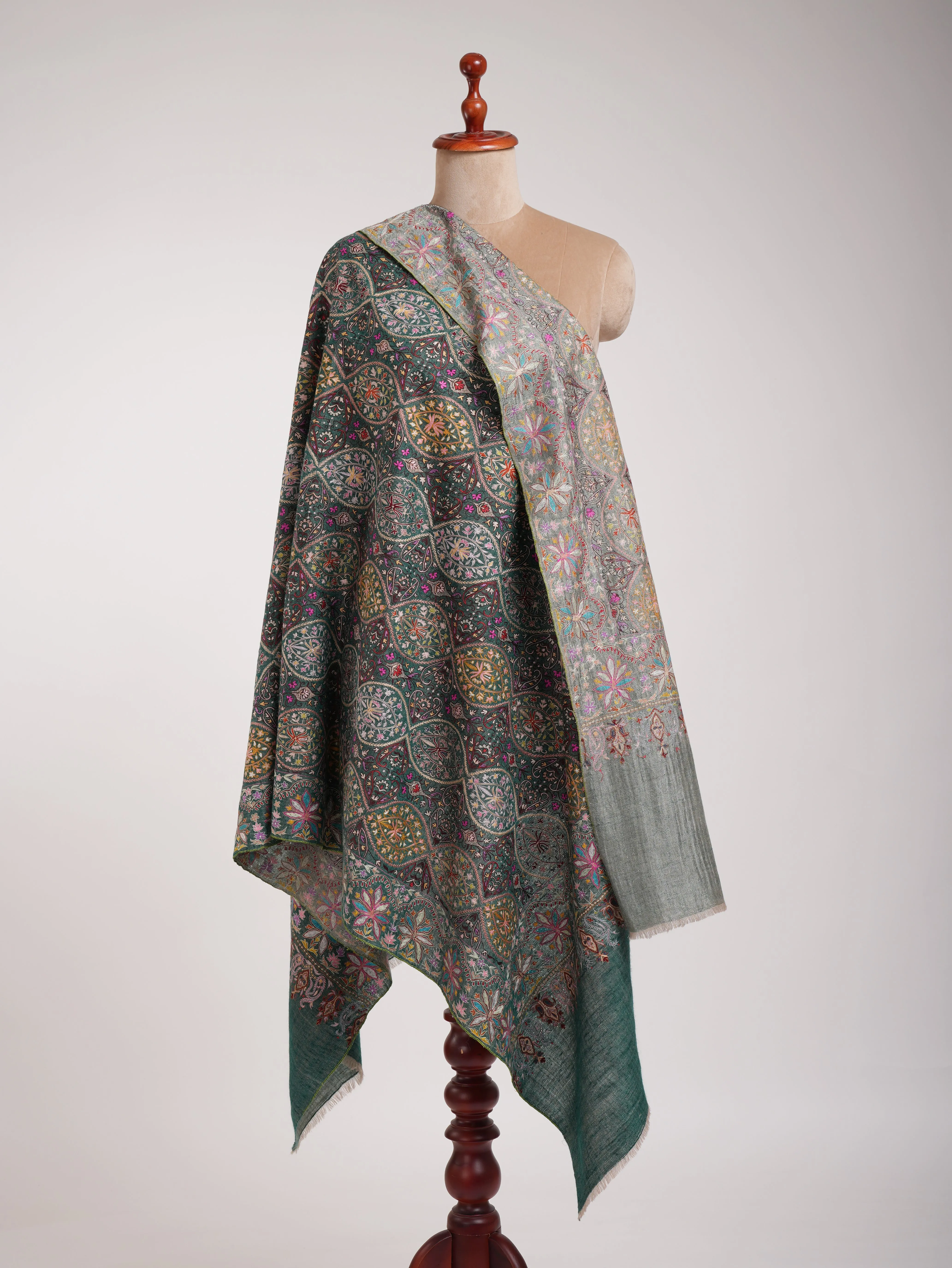 Dark Green and Silver Dorukha Art Silk Embroidery Pashmina Shawl