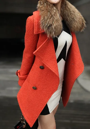 Detachable Faux Fur Collar Coat - Orange