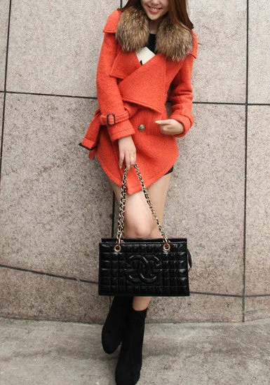 Detachable Faux Fur Collar Coat - Orange