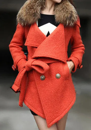 Detachable Faux Fur Collar Coat - Orange