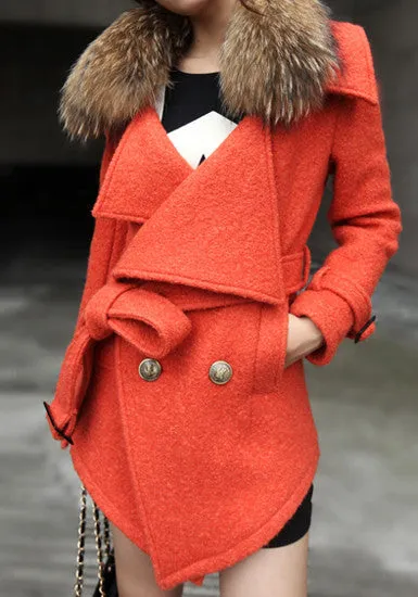 Detachable Faux Fur Collar Coat - Orange