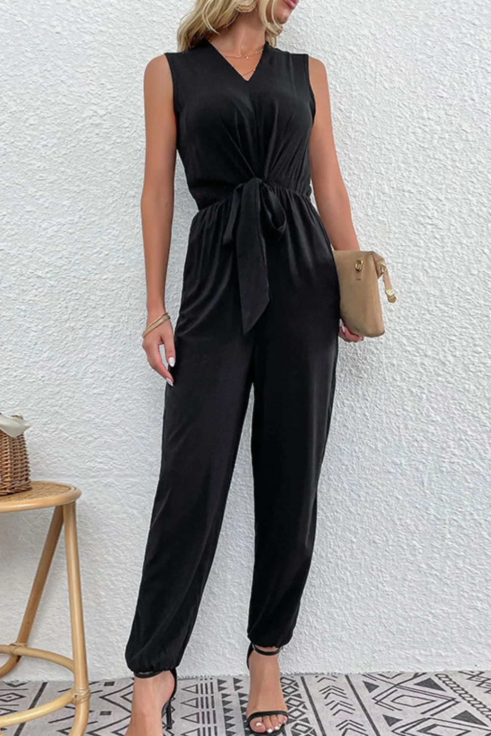 Drawstring Sleeveless V-Neck Jumpsuit