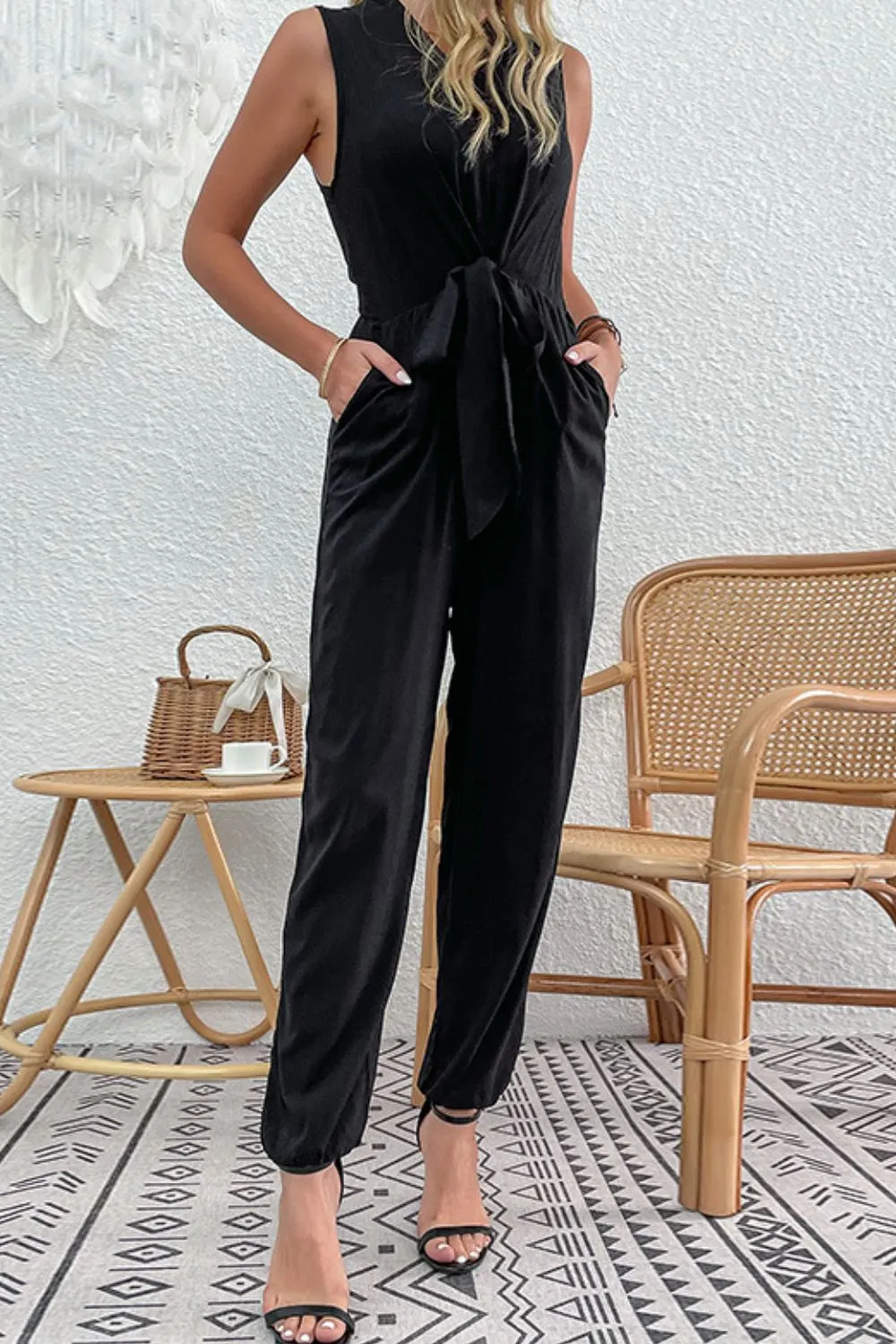 Drawstring Sleeveless V-Neck Jumpsuit