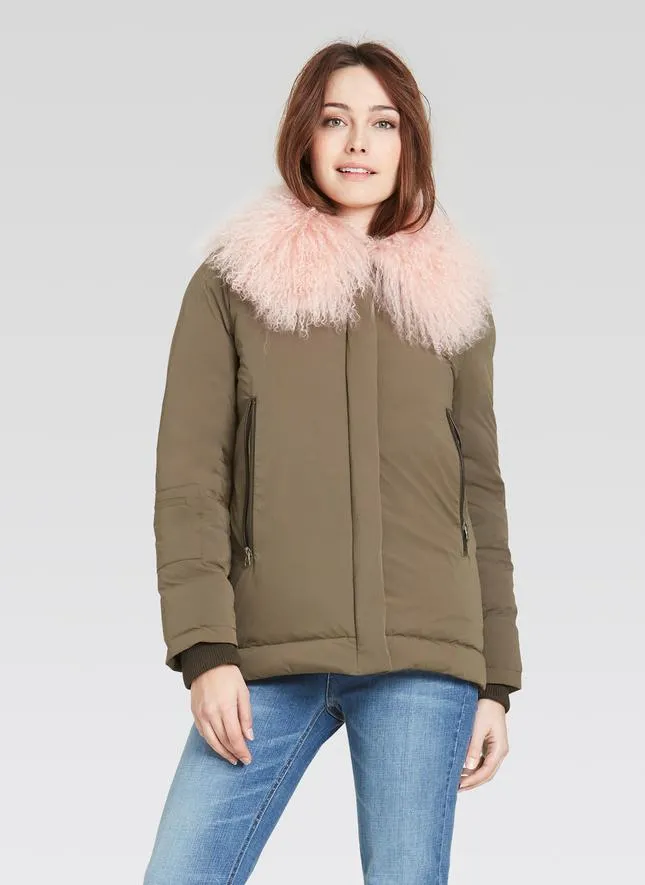 Ecru Olive Down Jacket with Mongolian Lamb Collar