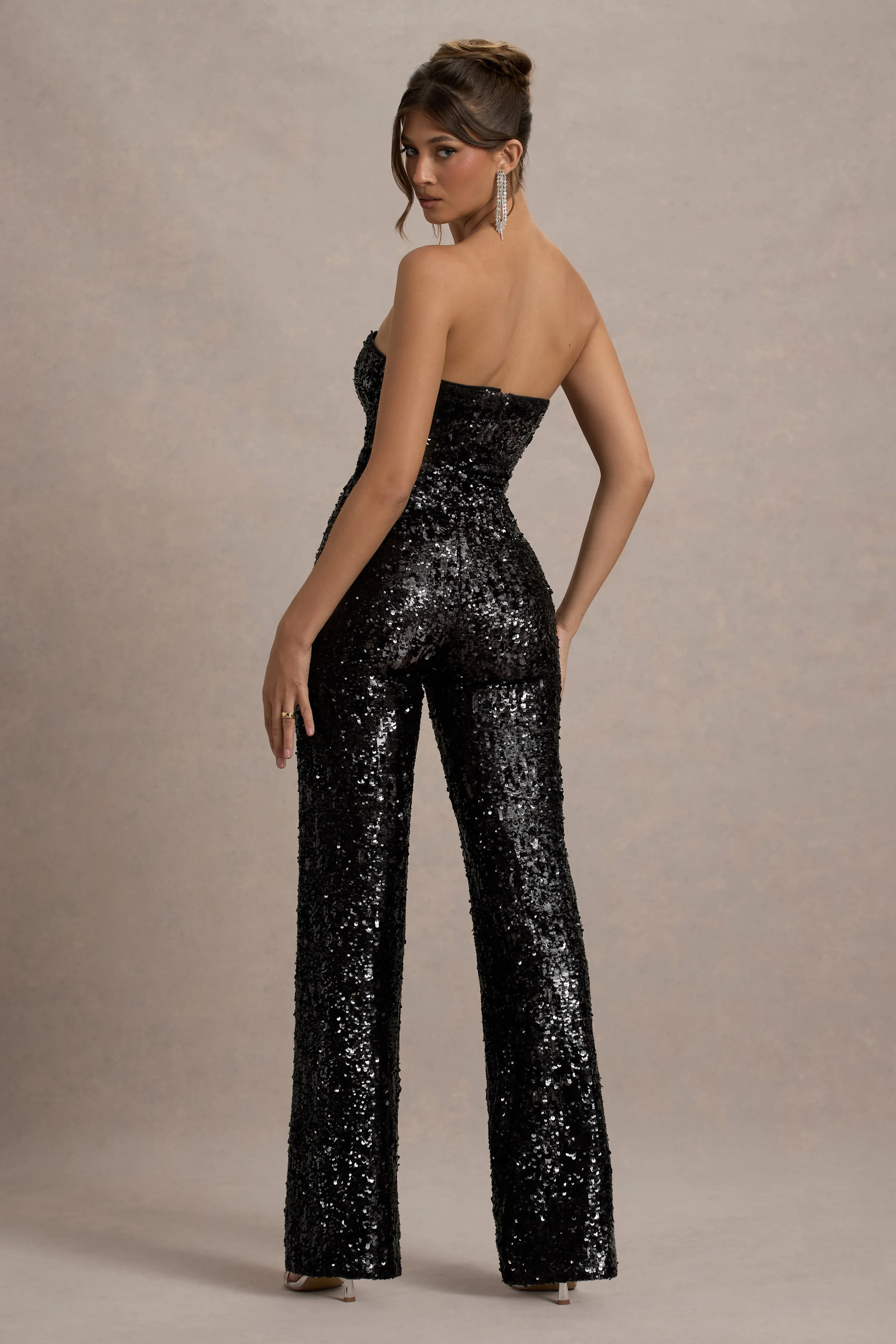 Elation | Black Sequin Strapless Flared-Leg Jumpsuit