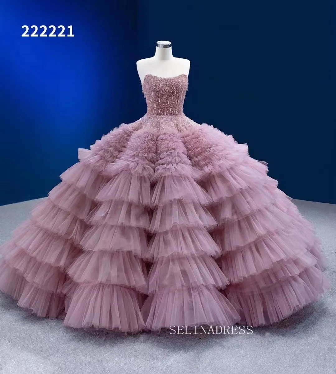 Elegant Beaded Ball Gowns Dusty Rose Layered Quinceanera Dresses Ruffle Wedding Dresses 222221