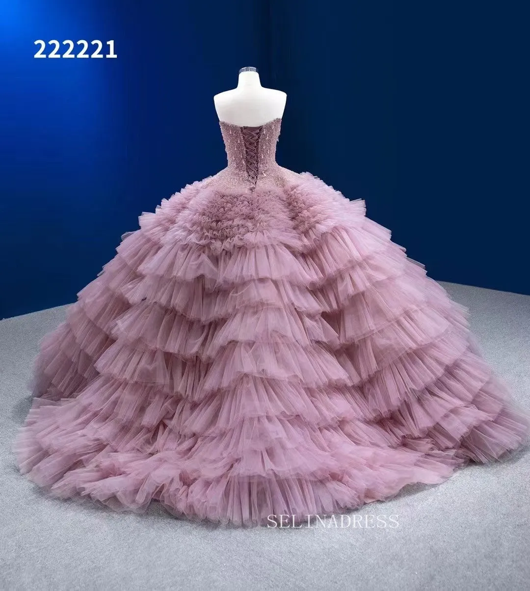 Elegant Beaded Ball Gowns Dusty Rose Layered Quinceanera Dresses Ruffle Wedding Dresses 222221