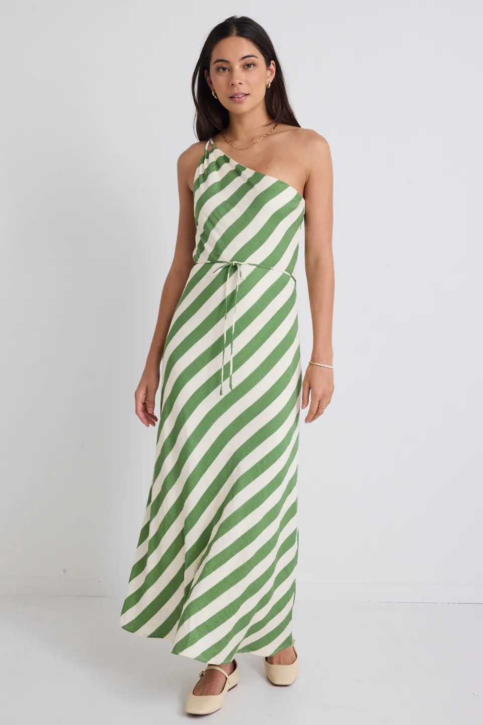 Fame Apple Stripe One Shoulder Bias Slip Dress