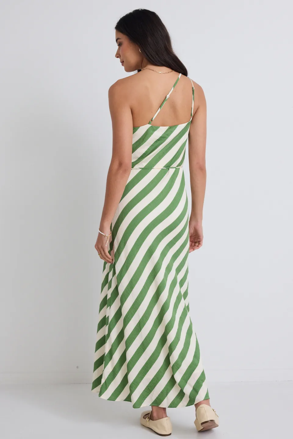 Fame Apple Stripe One Shoulder Bias Slip Dress