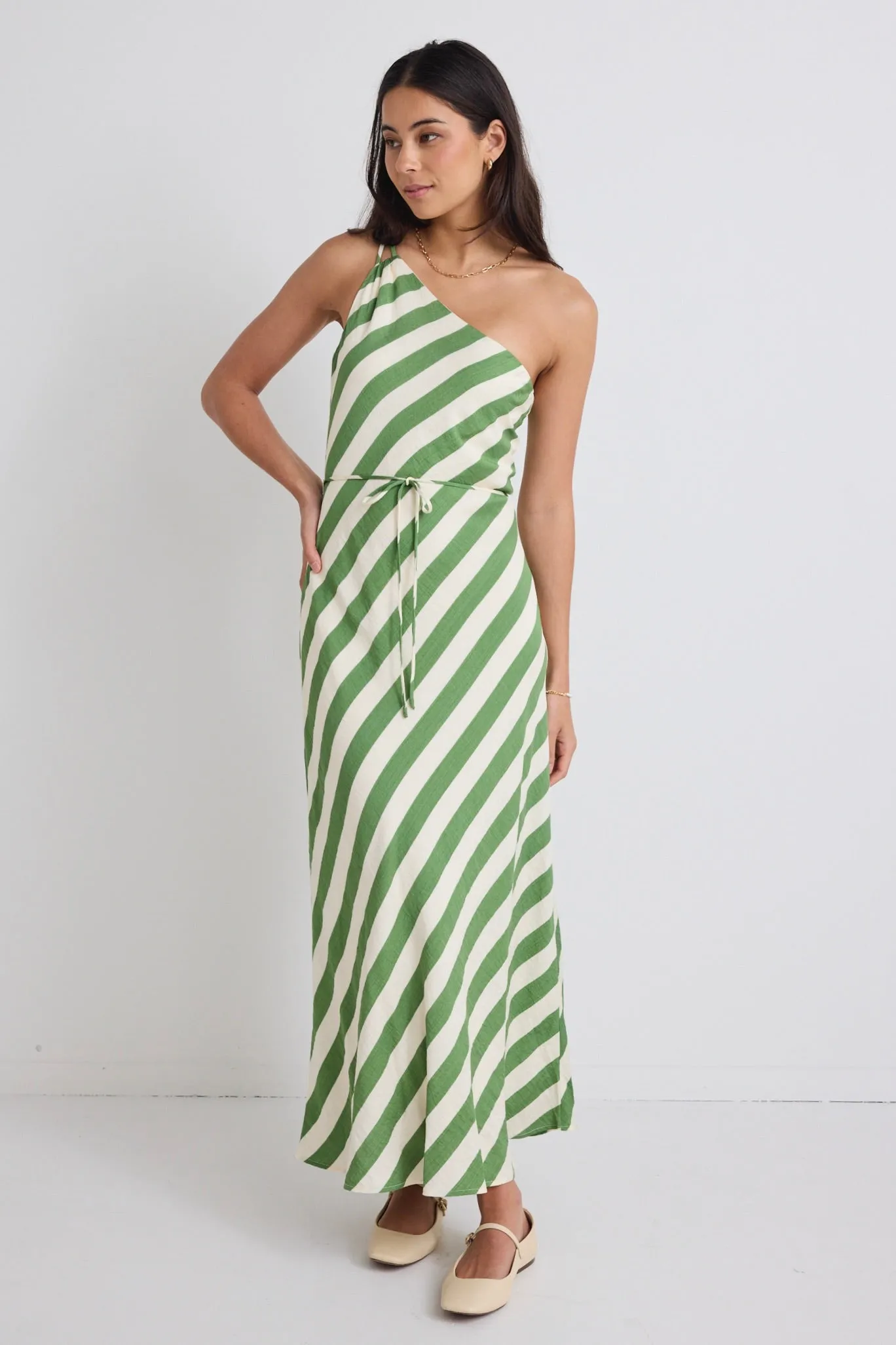 Fame Apple Stripe One Shoulder Bias Slip Dress