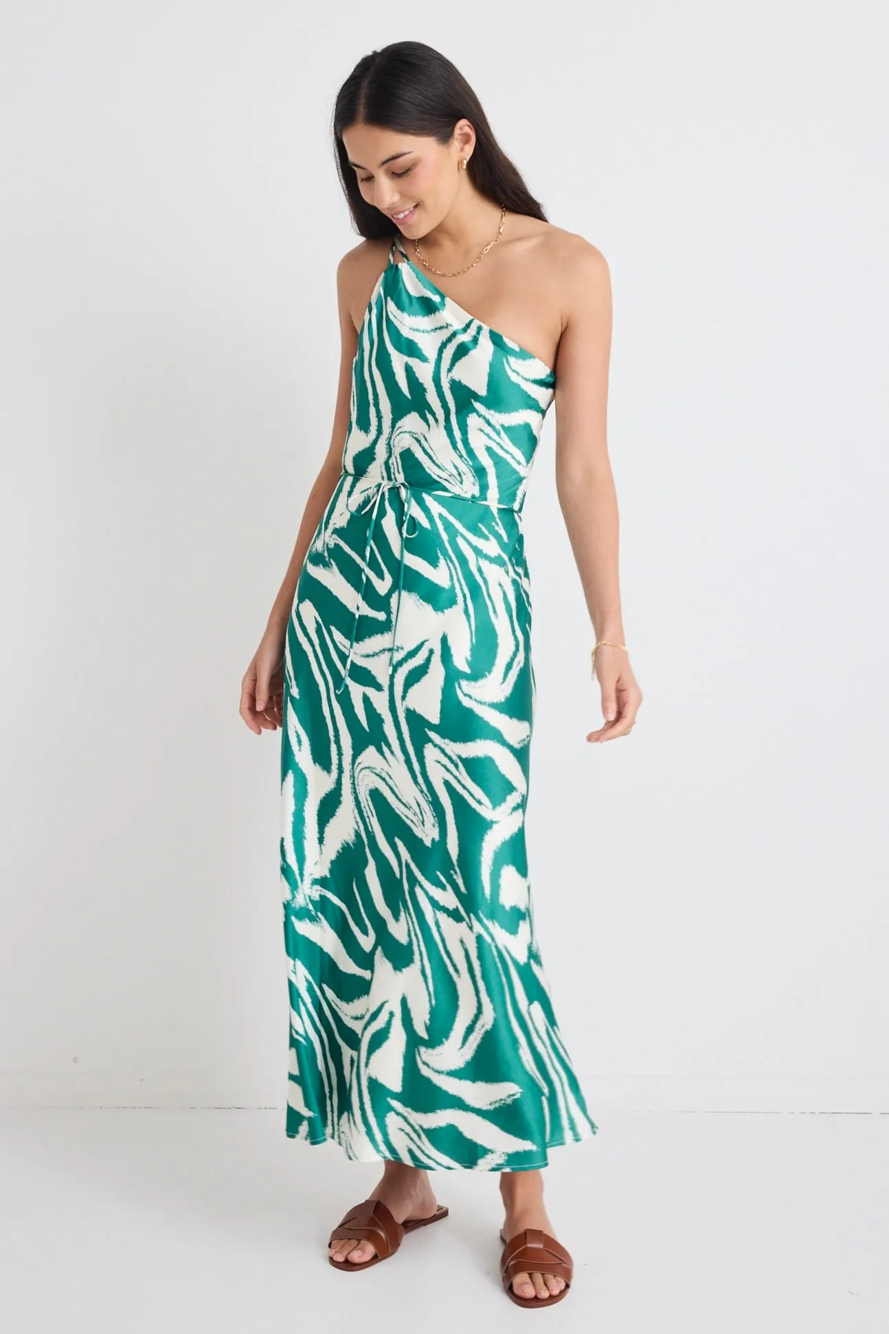 Fame Green Zebra Satin One Shoulder Bias Slip Dress