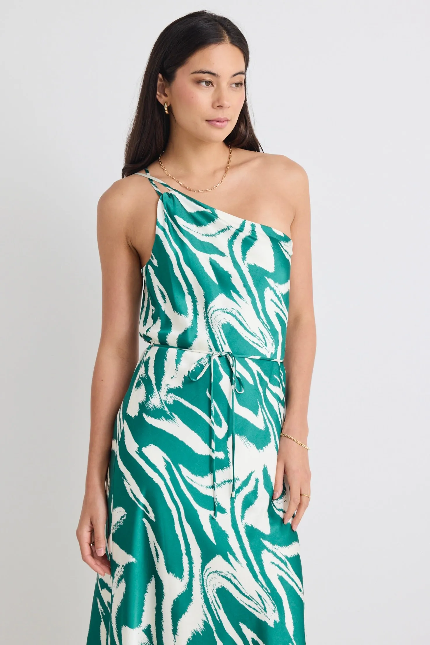 Fame Green Zebra Satin One Shoulder Bias Slip Dress