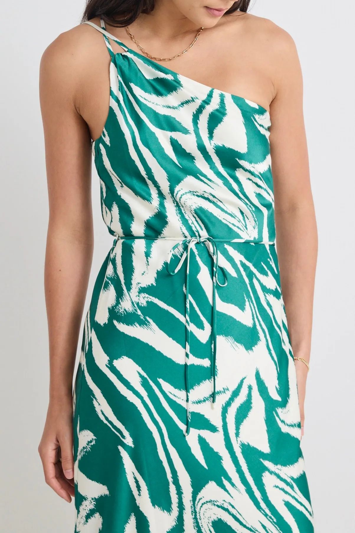 Fame Green Zebra Satin One Shoulder Bias Slip Dress