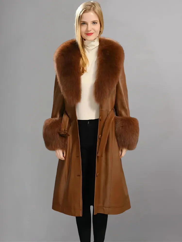 FAUX FUR GENUINE LEATHER COAT IN BROWN