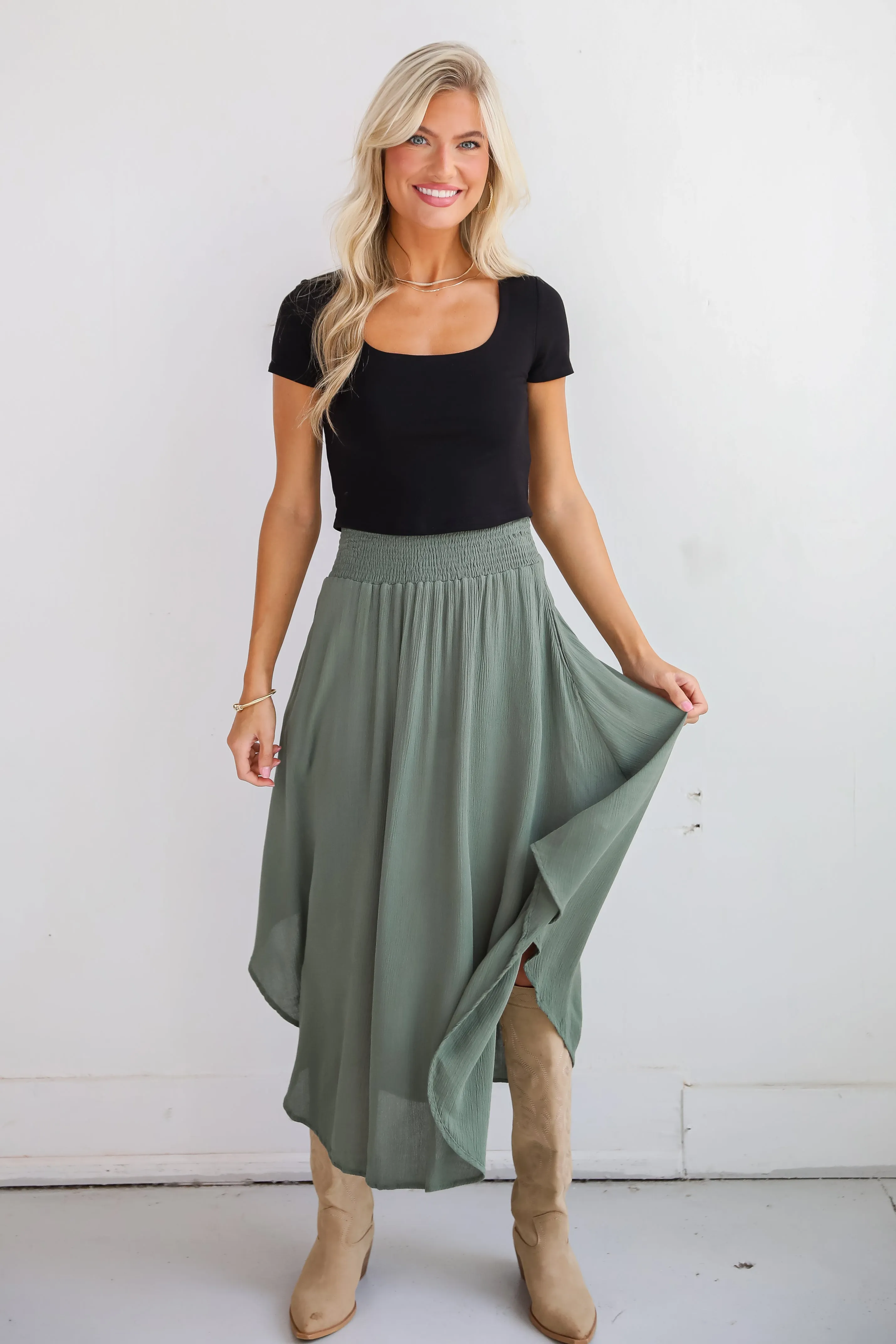 FINAL SALE - Sensational Purpose Olive Midi Skirt