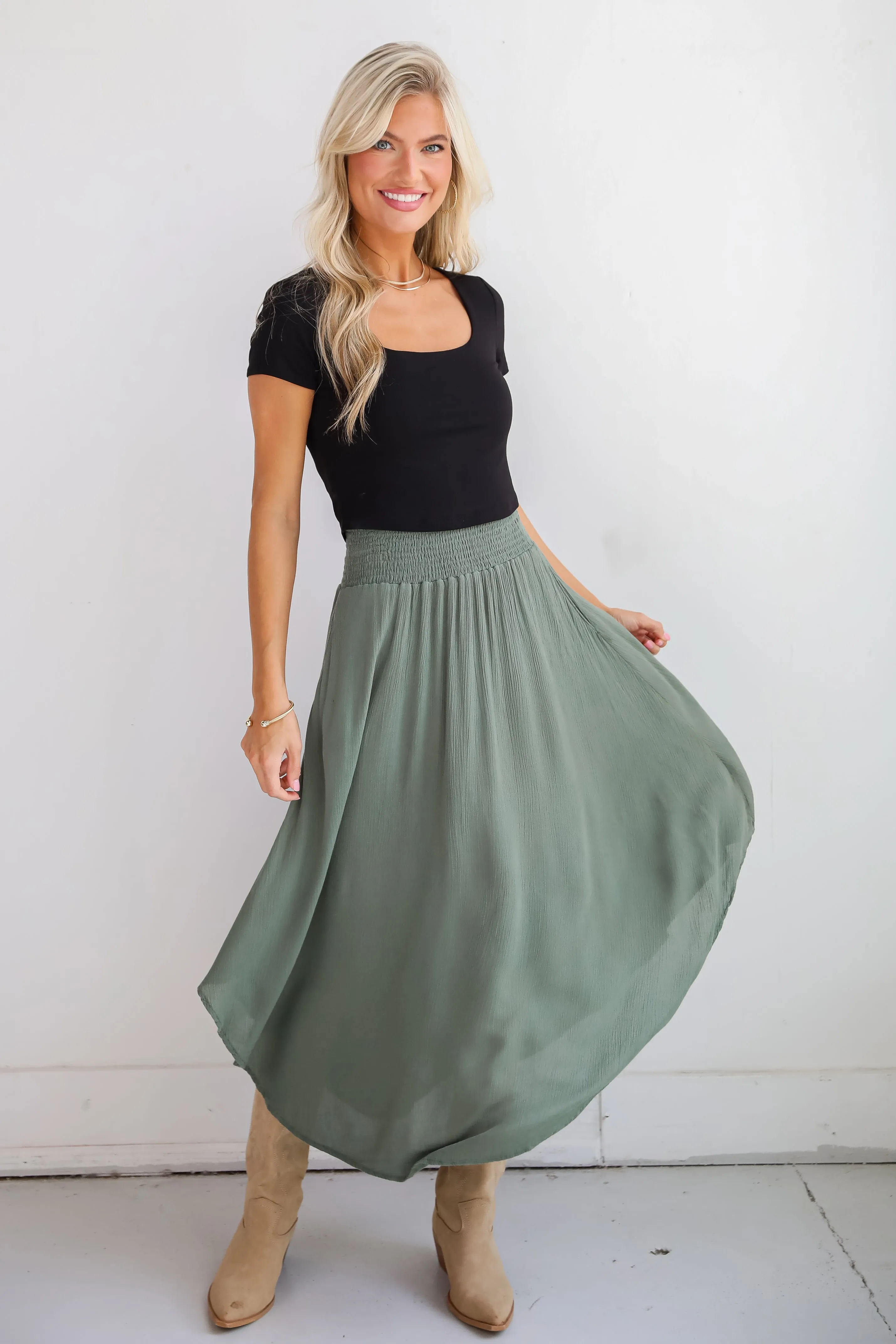 FINAL SALE - Sensational Purpose Olive Midi Skirt