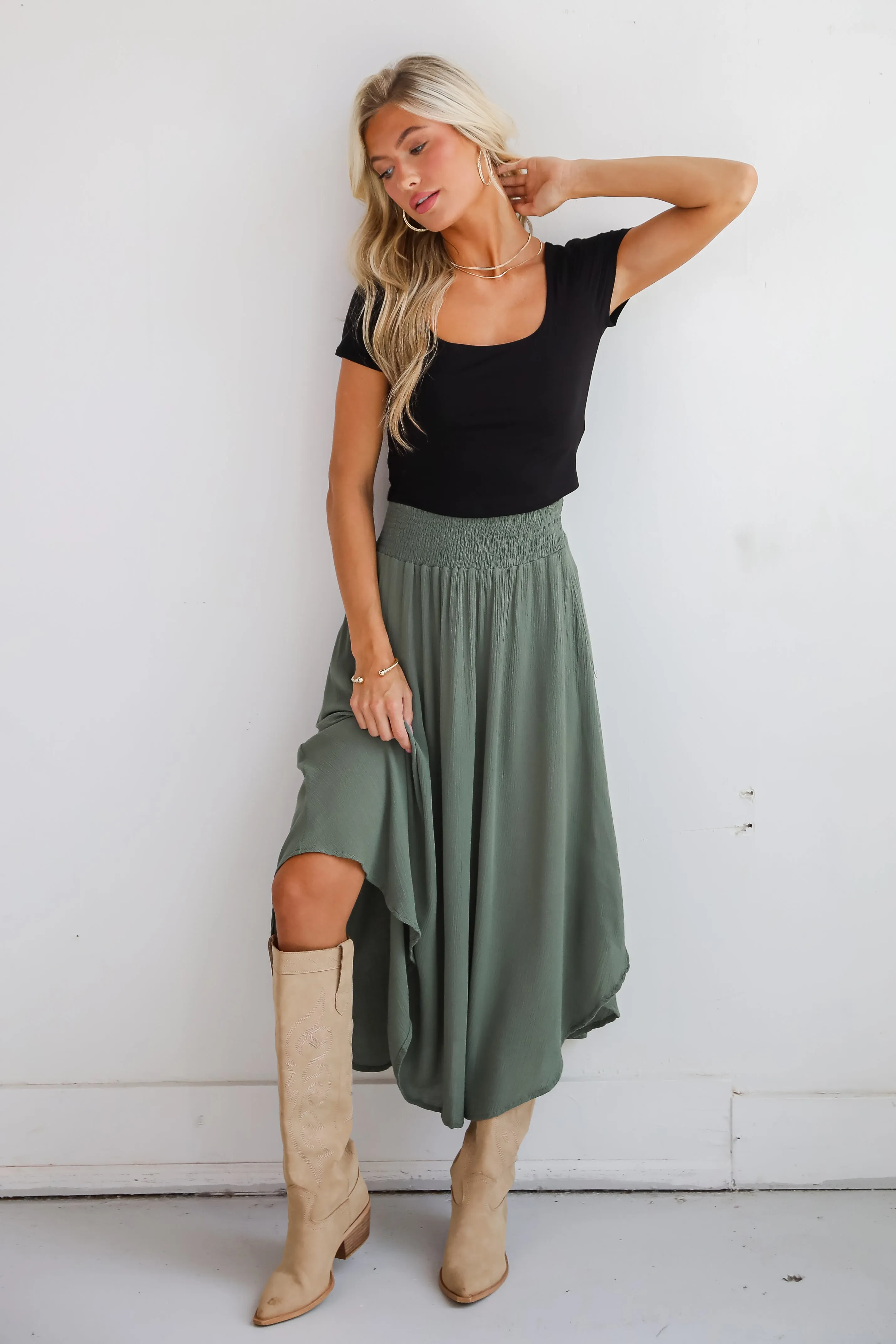 FINAL SALE - Sensational Purpose Olive Midi Skirt